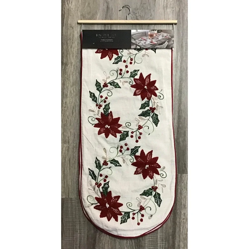 Rachel Zoe Christmas Table Runner Poinsettia Beaded Embroidered 16x72 Holiday